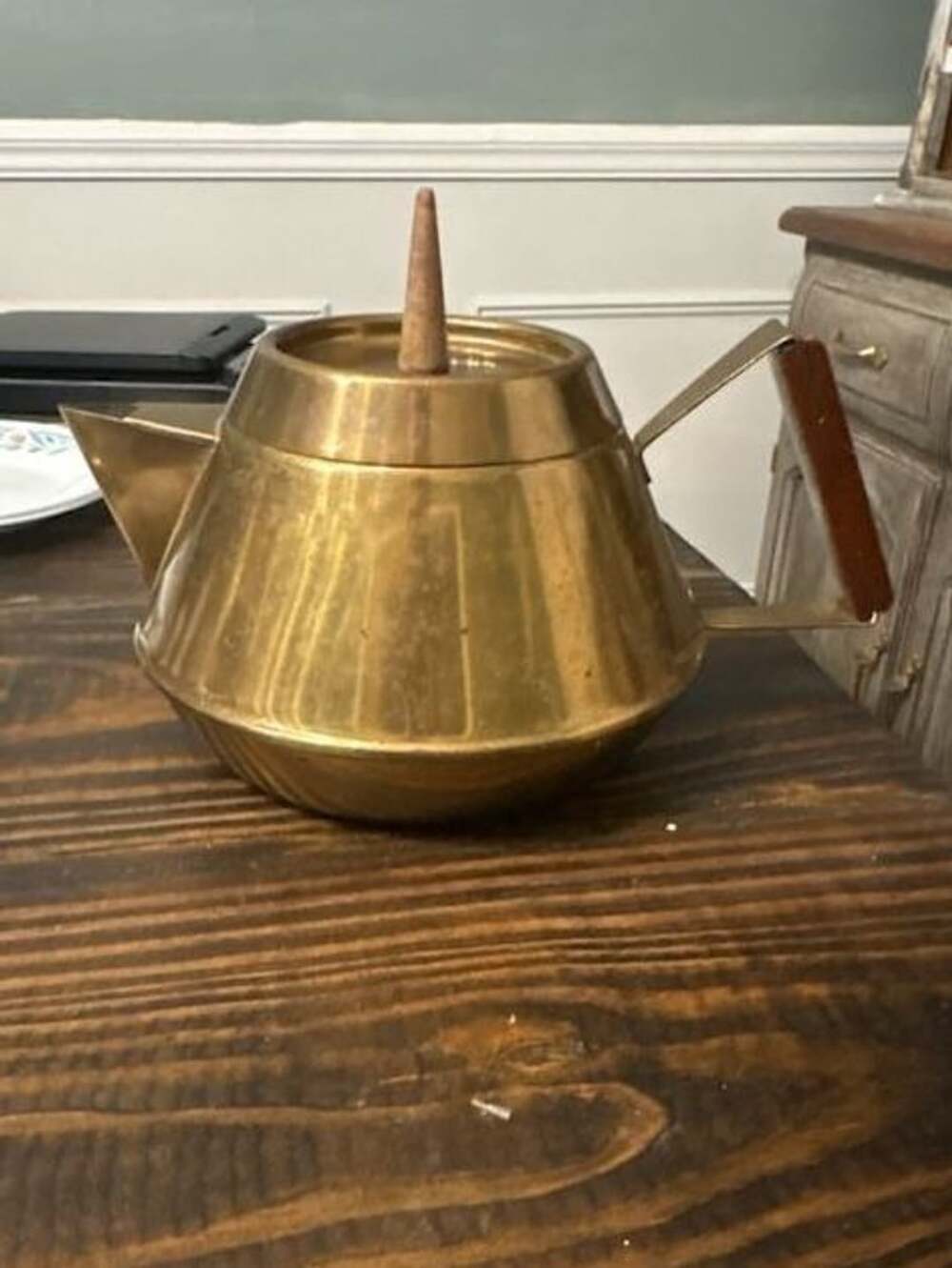 Vintage Brass Teapot with Wooden Handle and Spout Tip